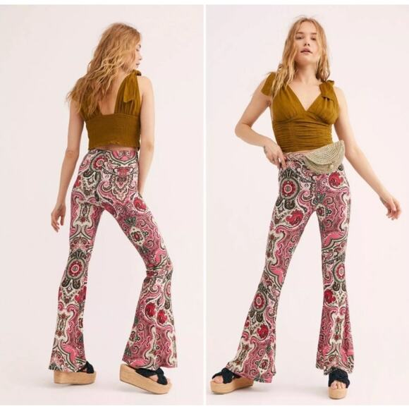 Free People Harper Printed Pull On Pant Hot Pink Combo XS NWOT Flare Leg Boho - Picture 1 of 5